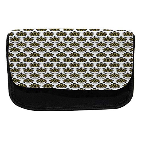 Ambesonne Turtle Pencil Case, Indigenous Animal Design, Fabric Pen Pencil Bag with Double Zipper, 8.5" x 5.5", Brown Yellow Black