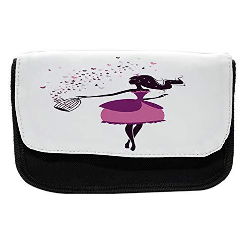 Ambesonne Cartoon Pencil Case, Girl Butterfly Cage, Fabric Pen Pencil Bag with Double Zipper, 8.5" x 5.5", Dark Magenta Dark Brown