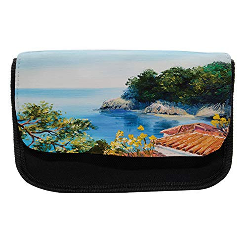 Ambesonne Romantic Pencil Case, Mediterranean Scenery, Fabric Pen Pencil Bag with Double Zipper, 8.5" x 5.5", Blue Green Orange