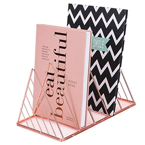 Simmer Stone File Sorter Organizer, 5 Section Magazine Holder Rack, Wire Desk Bookshelf for Mail, Document, Folder, Record and More, Triangle Shape, Rose Gold