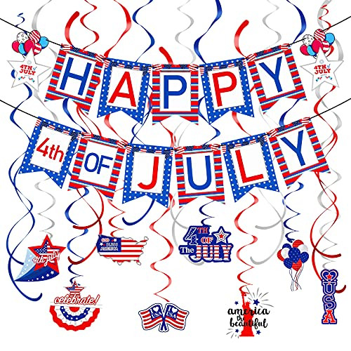 Fourth of July Decorations- Happy 4th of July Banner Red  and  White  and  Blue and 16Pcs Patriotic Hanging Swirls Party Decor Supplies, 4th of July Decor,Red White and Blue Party Decorations