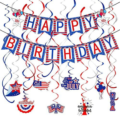 Fourth of July Birthday Decorations- Happy Birthday Banner Red  and  White  and  Blue and 16Pcs Patriotic Hanging Swirls Party Decor Supplies, 4th of July Decor, 4th of July Happy Birthday Banner