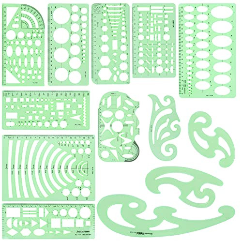 UCEC 13 Pieces Geometric Drawings Templates Measuring Ruler, Plastic Drafting Templates Stencils Clear Green Shape Template Draft Rulers for Studying, Designing and Building School Office Supplies