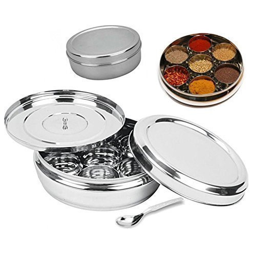 Spice Container - Masala Dabba - 7 Compartments, masala box, steel masala dabba,Spice container box,stainless steel spice box indian masala dabba with 7 spice containers,Stainless Steel Masala Dabba