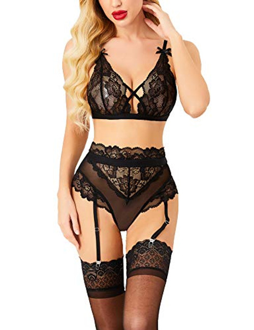 Avidlove Lingerie for Women Sexy Lingerie Set Lace Bra and Panty Set Hight Waist Lingerie with Garter Belt Black