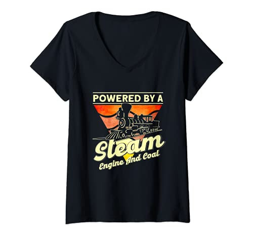 Womens Powered By A Steam Engine And Coal Steam Train Locomotive V-Neck T-Shirt Womens Powered By A Steam Engine And Coal Steam Train Locomotive V-Neck T-Shirt