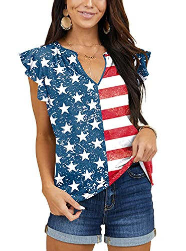Women's July 4th Patriotic Short Sleeve V Neck Ruffle American Flag Top Shirt Star Stripe S