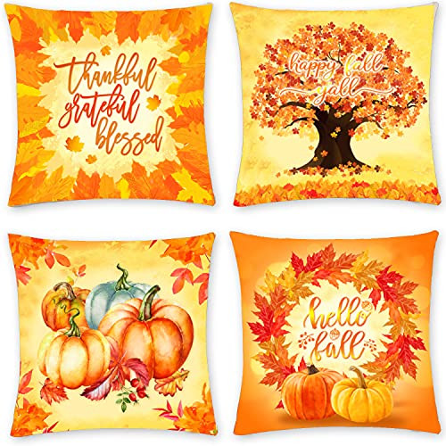 Aligree Fall Pillow Covers 18x18 Inch Set of 4 For Thanksgiving Decorations and Fall Home Decor/Autumn Decor/Pumpkin Leaves Theme Farmhouse Decorative Throw Pillow Covers for Sofa Couch/Outdoor Decoration