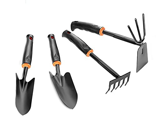 HMTRADE Garden Tools Set,Gardening Hand Kit with Non-Slip Ergonomic Handle,Spade Shovel Trowel Rakes for Cultivator Planting,Garden Tool Gift for Women Man -4 PCS-