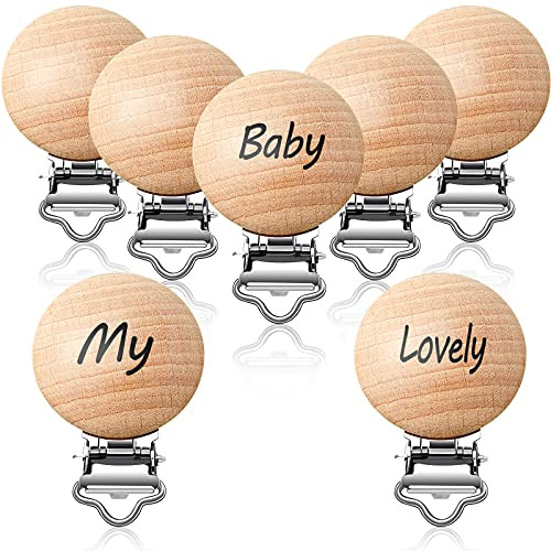 7 Pieces Natural Beech Wood Pacifier Clips Toy Suspender Clips Charm DIY Pacifier Holder Clips
