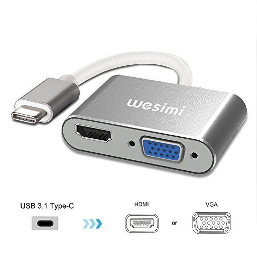 USB C to HDMI + VGA, wesimi USB Type C (Thunderbolt 3 Compatible) to HDMI 4K+VGA Adapter, Compatible MacBook Pro/Chromebook Pixel/Dell XPS 13/15,Yoga 910,iPad Pro 2018,MacBook Air 2018,Grey