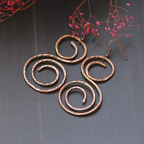 Hammered Copper Hoop Earrings Wire Wrapped Earrings Hammered Long dangle earrings Oxidized Copper Mixed Metal Earrings Artisan Earrings