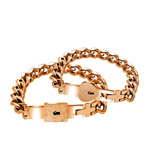 Rose Gold Plated Square  and  Heart Lock Bangle Bracelets for Couples, Matching Cuban Chain Bracelet Set for Boyfriend and Girlfriend Y853 -rose gold- Rose Gold Plated Square  and  Heart Lock Bangle Bracelets for Couples, Matching Cuban Chain Bracelet Set for Boyfriend and Girlfriend Y853 -rose gold-