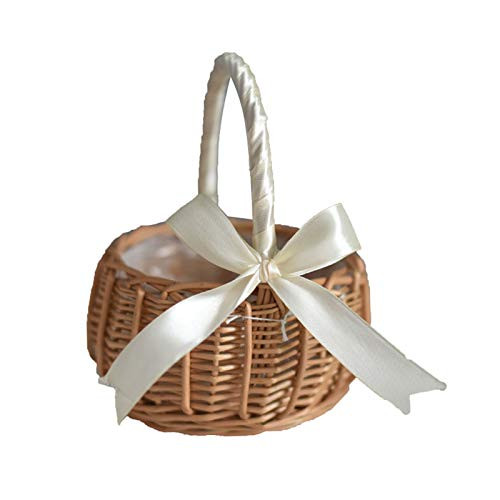 YINKUU Handmade Wicker Rattan Flower Basket, Wedding Flower Girl Baskets, Willow Handwoven Basket with Handles And Plastic Insert, Woven Eggs Candy Basket for Home Garden Decor Gift