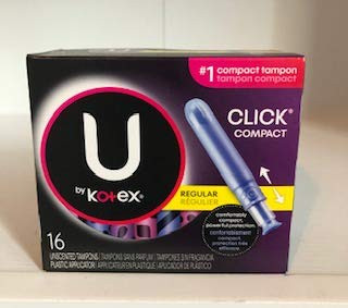 U by Kotex Click Compact Tampons, Regular, Unscented, 16 Count -Pack of 2-
