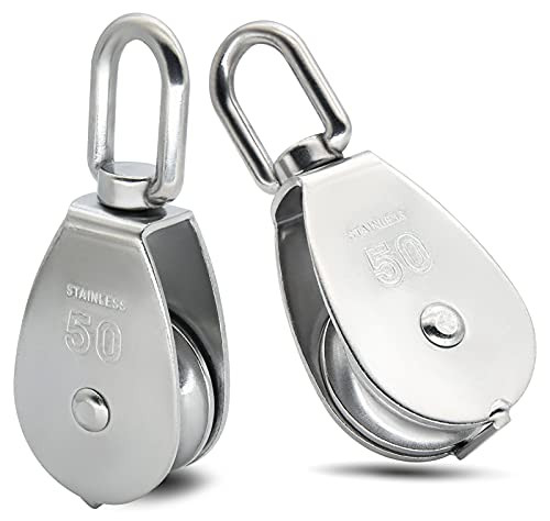 M50 Single Pulley Block, 2 Pack Heavy Duty 304 Stainless Steel Pulley Roller, Pulley Crane Swivel Hook, Wheel Swivel Rigging Lifting Wheel Fixed Pulley for Wire Rope Loading 882lbs/400kg