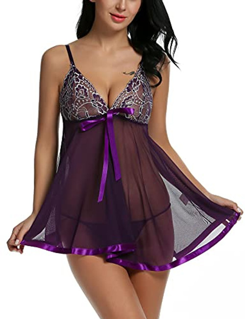 Avidlove Women's Lingerie Lace Babydoll V neck Sleepwear Splicing Chemises Purple XL Avidlove Women's Lingerie Lace Babydoll V neck Sleepwear Splicing Chemises Purple XL