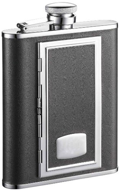 Visol"SP Black" Leather Stainless Steel Flask with Built-In Cigarette Case, 6-Ounce