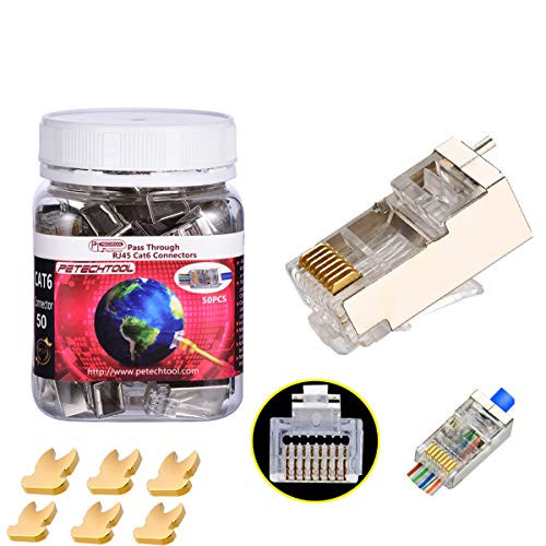 RJ45 Cat5 Cat6 Connector with Grounding Buckle Gold Plated 8P8C Pass Through Shield Plug 50PC