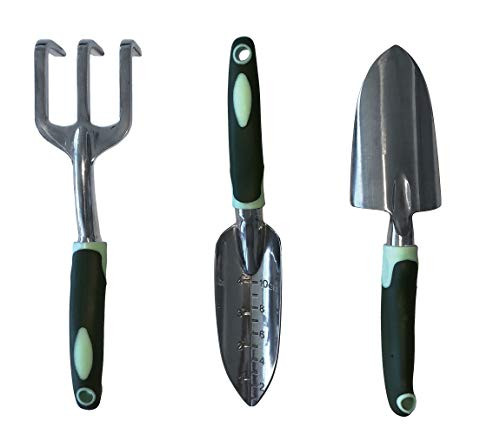 Typhon East Garden Tool Set -3 Piece- | Stainless Steel Gardening Kit | Includes Trowel, Transplant Trowel  and  Hand Rake | Rubberized Handles | Great Gardener Gift Idea for Women and Men