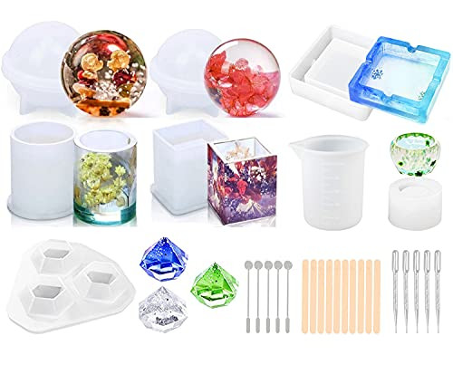 Tvoip 28PCS Resin Silicone Molds Set, Epoxy Casting Art Molds Includes Square, Cylinder, Cube, Round, Diamond Molds for Ashtray, Pen Jewelry Holder Including Measuring Cup, Droppers and Stirrers
