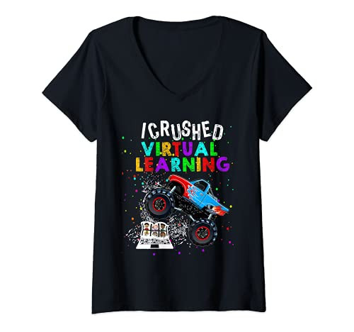 Womens Virtual Learning Student Crushed It Funny Remote Teacher V-Neck T-Shirt