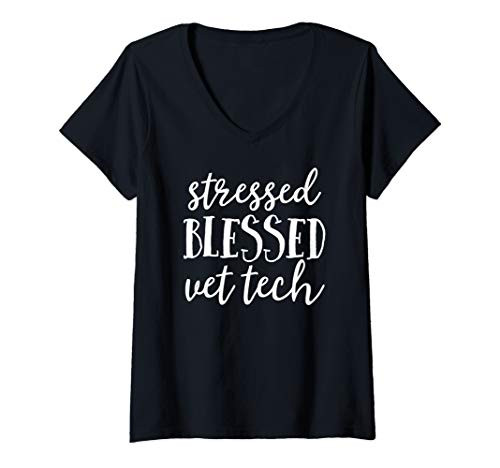 Womens Stressed Blessed Vet Tech Veterinarian Student Graduation V-Neck T-Shirt