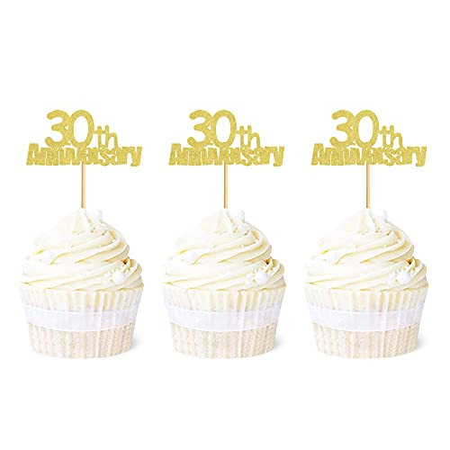 Ercadio 24 Pack 30th Anniversary Cupcake Toppers Glitter Cheers to 30 Years Cake Picks 30th Birthday Wedding Anniversary Party Decorations Supplies Gold