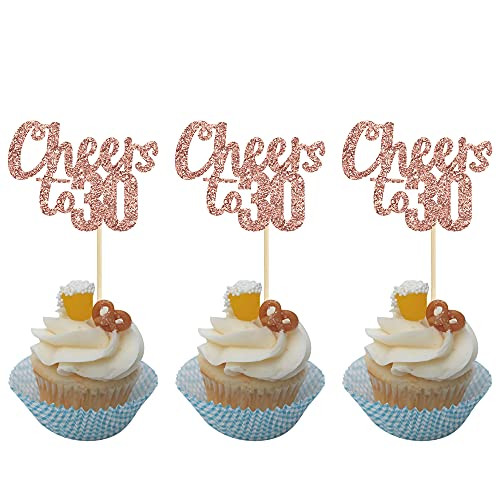 Gyufise 24 Pack Rose Gold Glitter Cheers to 30 Cupcake Toppers 30 Birthday Cupcake Picks for 30th Birthday Wedding Anniversary Party Cake Decorations Supplies