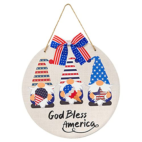 God Bless America 4th of July Patriotic Gnome Wooden Sign Front Door Decoration Round Wood Hanging Sign Wood Porch Decoration with Decorative Bow for Independence Day Patriotic Decorations