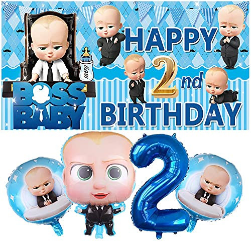Boss Baby Boy 2nd Birthday Decorations | White | Backdrop | Second | Two | Party Supplies | Favors | Banner | Balloons