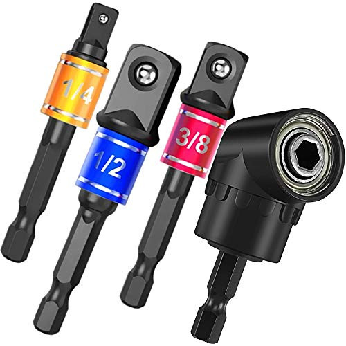 105 Degree Right Angle Screwdriver Set Drill Hex Bit Socket Adapter plus3Pc 1/4"3/8" 1/2" Impact Grade Driver Sockets Adapter Extension Set,Right Angle Drill Attachment,Impact Driver,Angle Drill Adapter