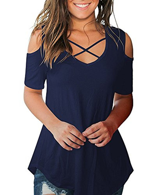 Cold Shoulder Tops Short Sleeve T Shirts V Neck Blouse Casual Criss Cross Tunic Navy Blue L Cold Shoulder Tops Short Sleeve T Shirts V Neck Blouse Casual Criss Cross Tunic Navy Blue L