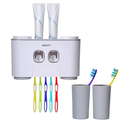 Toothbrush Holder Wall Mounted, WEKITY Multi-Functional Toothbrush and Toothpaste Dispenser for Bathroom, with 5 Toothbrush Slots, 2 Toothpaste Squeezers and 4 Cups-Grey-