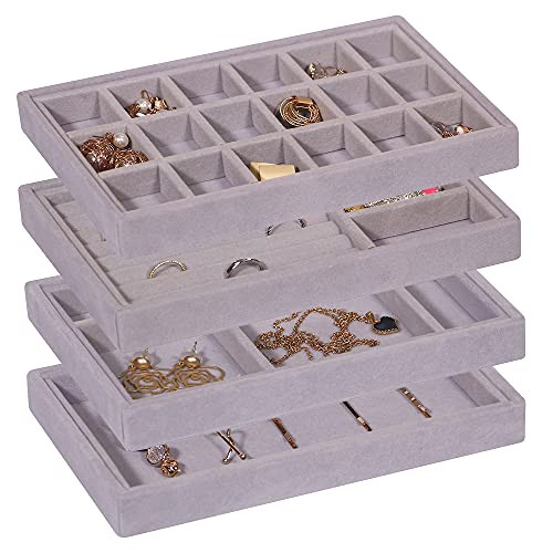 DIOMMELL 4 Pack Stackable Velvet Jewelry Trays Organizer, Closet Dresser Drawer Organizers Jewelry Storage Box Showcase Holder Display Tray for Earring Bracelet Necklace Ring Accessary