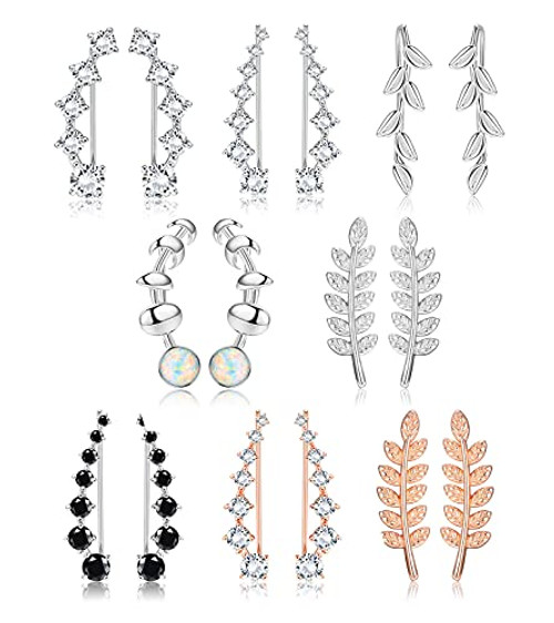 Florideco 8 Pairs Ear Cuffs Hoop Climber Earrings for Women CZ Leaf Crawler Earring Arrow Bar Stud Earrings Set