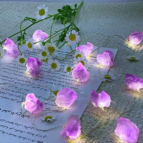 Spiritual Decor Genuine Amethyst Healing Crystal Chakra Decorative String Lights 20 Raw Stones 8.5ft Battery Operated with Remote Control for Reiki Ornaments Gemstone Girl Decoration