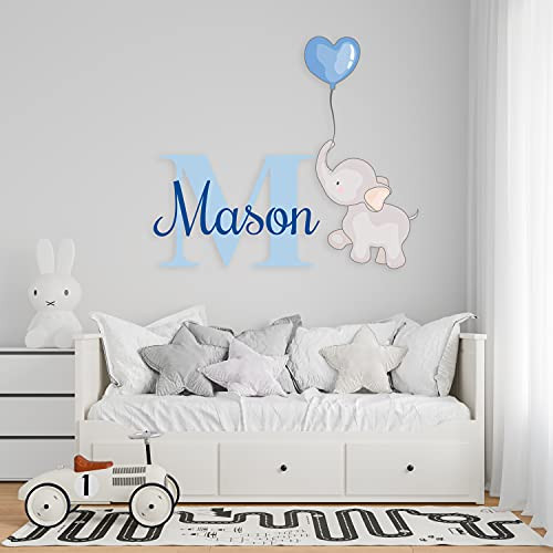 Custom Name  and  Initial Cute Elephant Clouds and Stars Wall Stickers - Prime Series - Baby Girl or Boy - Nursery Wall Decal for Baby Room Decorations - Mural Wall Decal Sticker for Home Children's Bedroom -EGD-003-