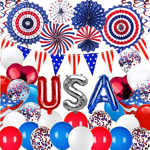 4th of July Party Decorations 38PCS Red White Blue Party Decorations with Paper Fans,USA Flag Pennant Banner,Star/USA Balloons,Hanging Swirls for Memorial Day, Independence Day, 4th Of July, National Day Fourth of July Patriotic Party Decorations
