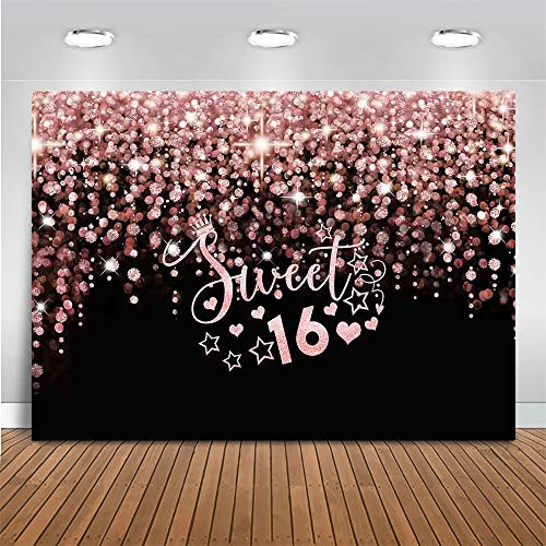 Mocsicka Sweet Sixteen 16 Backdrop Birthday Rose Gold and Black Glitter Photography Background 7x5ft Girl's 16th Pink Princess Birthday Party Banner Decor Supplies -7x5ft -82x60 inch--