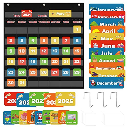 Classroom Calendar Pocket Chart, School Calendar for Kids Learning for Home, Homeschool Classroom Supplies for Teachers Elementary -Black-