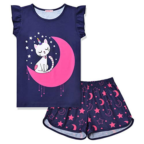 CHILDRENSTAR Girls Cat Pjs Pajama Sets Kids Flutter Sleeve Summer Cotton Sleepwear,Size 6 7 CHILDRENSTAR Girls Cat Pjs Pajama Sets Kids Flutter Sleeve Summer Cotton Sleepwear,Size 6 7