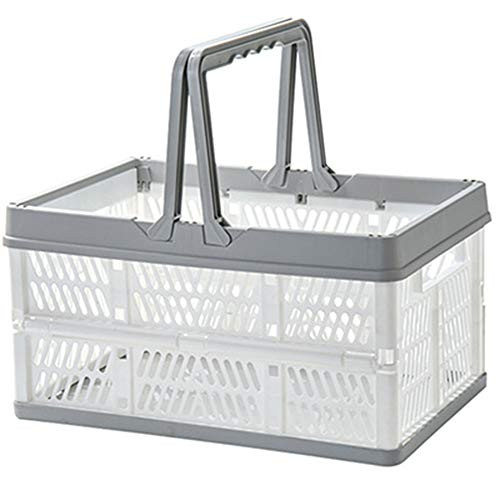 Collapsible Shopping Basket Plastic Foldable Storage Crate Stackable Storage Container with Handle, for Milk Toys Food Clothes Tools Books,Storage Bin -White-Gray-