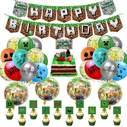 Pixel Style Gamer Birthday Party Supplies - Happy Birthday Banner Balloons Cake Topper and Cupcake Toppers for Minecraft Theme Party Favors Pixel Style Gamer Birthday Party Supplies - Happy Birthday Banner Balloons Cake Topper and Cupcake Toppers for Minecraft Theme Party Favors