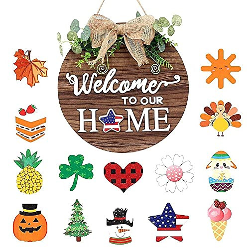 Wowu Gnome Welcome Sign with Interchangeable Holiday Pieces, Home Door Hanging Decoration, Welcome Sign for Front Door Decor, Door Hanging Wood Plaque -2-