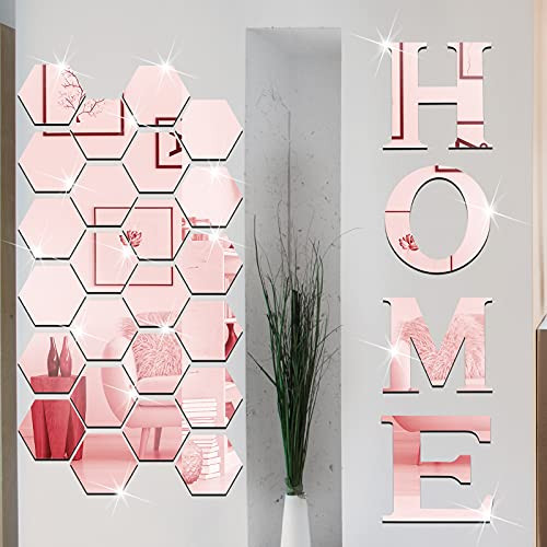 Home Sign 3D Acrylic Mirror Wall Decor Stickers Hexagon Wall Decals Large Removable Acrylic Mirror Wall Stickers Home Letters Farmhouse Wall Decor for Home Living Room Bedroom Kitchen