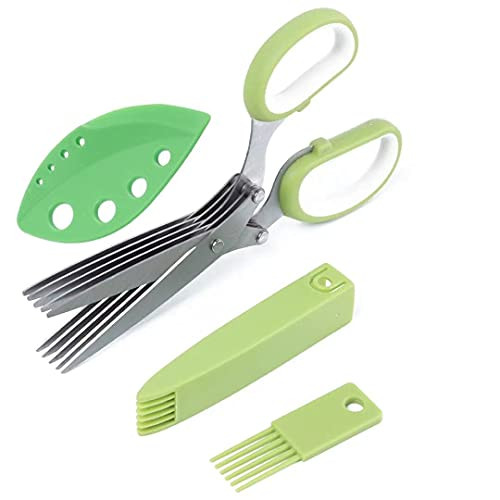 Herb Scissors, Kitchen Shears with 5 Blades and Cover, Multipurpose Cutting Herb Stripper, Kitchen Shears Dishwasher Safe, Kitchen Scissors for Cutting Vegetables, Green