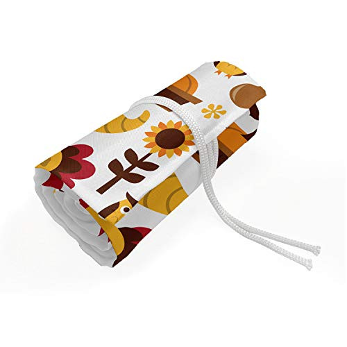 Ambesonne Harvest Roll Up Pencil Holder, Cartoon Fall Composition Nuts Maple Leaves Owls Roosters Pumpkins, Painting Drawing Pencils Case for Artists Students, 36 Loops, Orange Red Brown