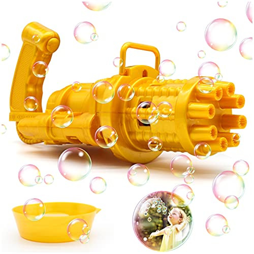 Bubble Gatling Gun, 2021Gatling Bubble Machine for Kids Outdoor Toy , 8-Hole Bubble Blower Automatic Bubble Maker Bubbles Party Favors for Kids -Golden-