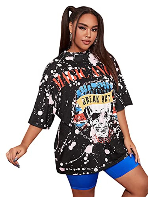 SOLY HUX Women's Plus Size Letter Graphic Print T Shirt Casual Summer Short Sleeve Top Black 2XL